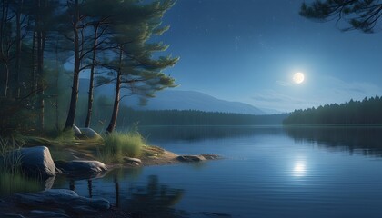 Wall Mural - Serene moonlit lake surrounded by tranquil forests in a peaceful natural setting