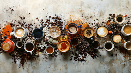 Wall Mural - An artistic coffee arrangement with a variety of coffee types, mugs, and a creative backdrop.