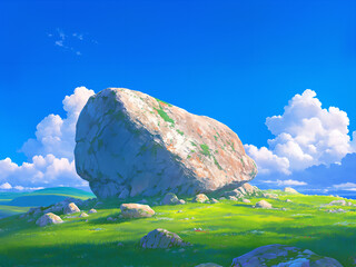 Landscape with big rocks. Styled like an anime or game background. Blue sky, sunset, sunrise, night, fog, snow, rain, cloudiness, autumn leaves, etc.