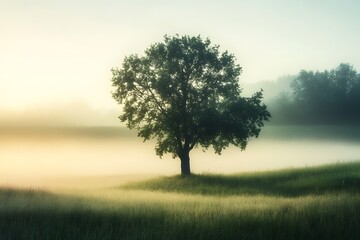 Canvas Print - Single Tree in Misty Field at Sunrise