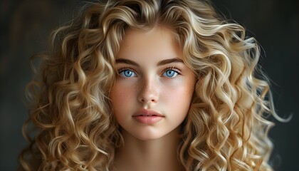 Wall Mural - Radiant portrait of a young girl with golden curls and striking blue eyes, embodying beauty and innocence