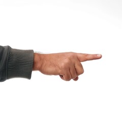 Poster - Man points at something on white background with stretched out hand. Close-up of human hand with finger extended. Male adult gestures, directs attention to object, symbol, or button on screen or pad.