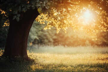 Wall Mural - Sunrise through tree branches in a meadow, nature scene