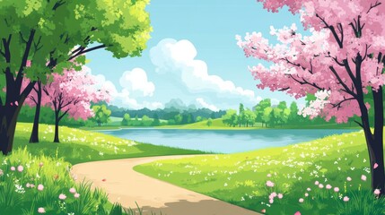 A winding path leads through a serene park with a lake and blooming trees.