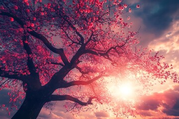 Canvas Print - Pink blooming tree silhouette at sunset. Nature background with pink flowers and sunset sky