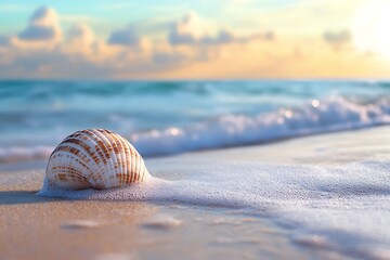 Wall Mural - Seashell on a sandy beach with ocean waves and a sunset sky. Summer vacation, travel, and relaxation concept.