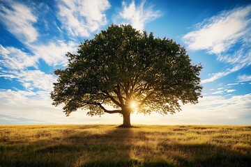 Poster - Single tree silhouette in golden field at sunset with dramatic sky and clouds