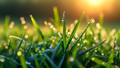 Wall Mural - Sunlit Freshness of Morning Dew on Lush Green Grass