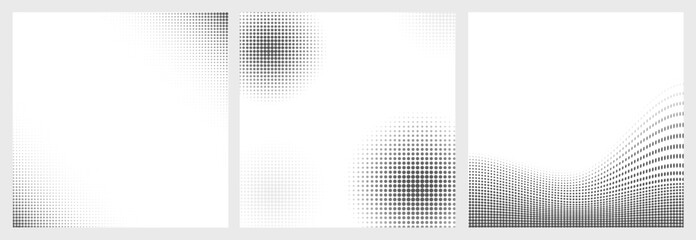 Set of square different halftone halftone gradient backgrounds. Black and white comic grunge texture, vector abstract cover design in pop art style
