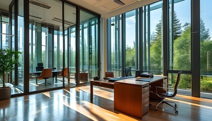 Sticker - Bright and Modern Office Space with Glass Windows and Innovative Interior Design Featuring Abundant Natural Light