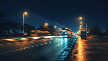 Poster - Nocturnal scene of an empty bus stop illuminated by the dynamic lights of a bus in motion