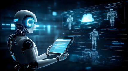 Wall Mural - Robot Using Tablet with Digital Data  - 3D Illustration