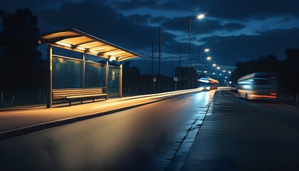 Wall Mural - Nocturnal scene of an empty bus stop illuminated by the dynamic lights of a bus in motion