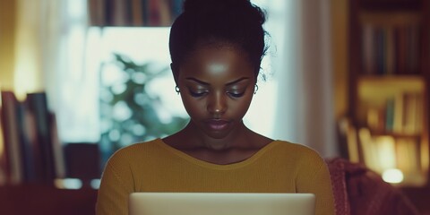 Poster - young african black woman using laptop indoor