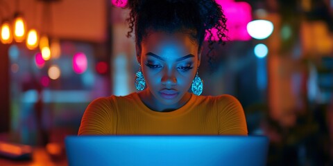 Poster - young african black woman using laptop indoor