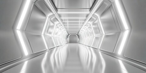 Canvas Print - White background 3D room light abstract space technology tunnel stage floor. Empty white future 3D neon background studio futuristic corridor render modern interior silver road black wall design gray 