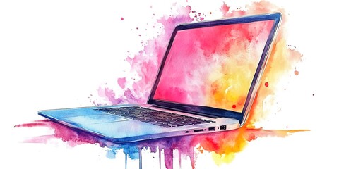 Poster - watercolor colorful laptop computer illustration on white background 
