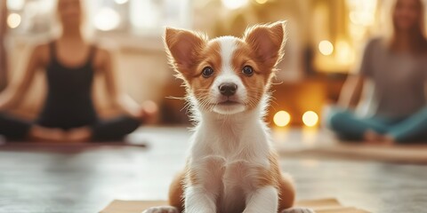 Poster - Relaxation in a puppy yoga class for stress relief and mindfulness, where adorable animals assist in the practice of yoga and meditation for physical and mental wellbeing. Yoga with animals 