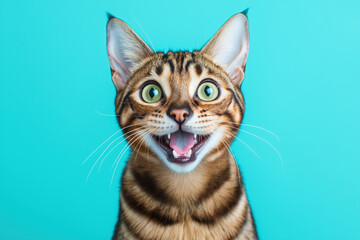 A portrait of a Bengal cat with a surprised and happy expression on face looking at camera over light blue background.