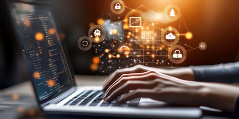 Poster - Person using laptop with digital icons for analytics and automation floating above the keyboard 