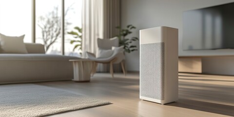 Poster - modern sleek and minimalist white air purifier on the floor in a living room, healthy home