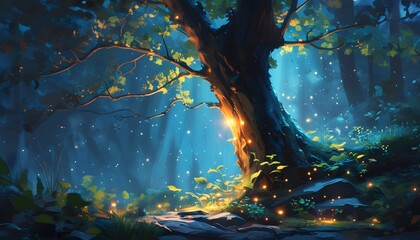 Wall Mural - Ethereal forest illuminated by softly glowing tree bark under moonlight, showcasing the enchanting concept of bioluminescent flora.