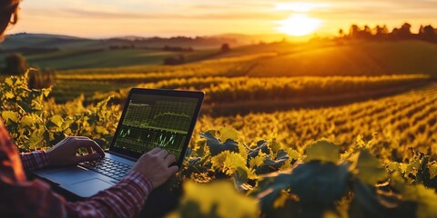Poster - Modern agriculture technology with a person using a laptop to analyze data on sustainable farming practices at sunset in a vineyard 