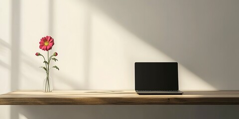 Poster - Minimalistic office desk with a laptop and one flower on the table. 