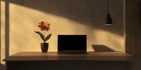 Poster - Minimalistic office desk with a laptop and one flower on the table