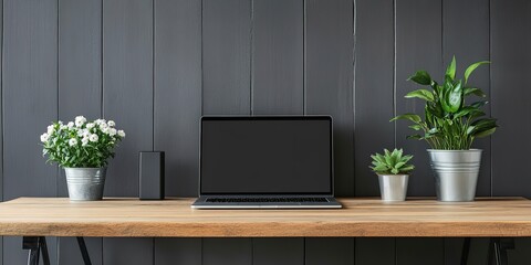 Wall Mural - Minimalistic office desk with a laptop and one flower on the table.