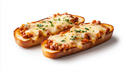 Delicious baked bread topped with melted cheese, beans, and herbs, perfect for hearty snack or appetizer.