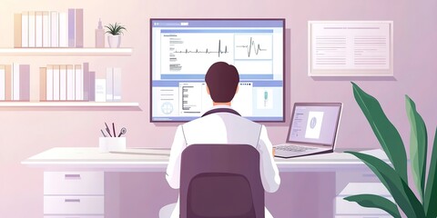 Poster - Man doctor on hospital desk with computer vector. Medical office care with female character for checkup on laptop and consult online. Telehealth examination in healthcare room for diagnosis research