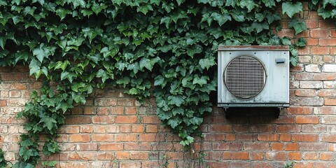 Poster - Heat pump on a brick wall in the garden 