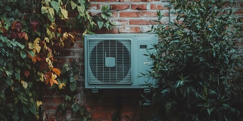 Canvas Print - Heat pump on a brick wall in the garden