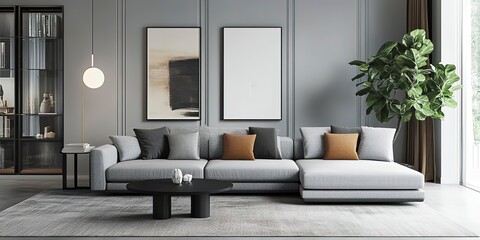 Sticker - Grey Sofa and Trendy Decor in a Stylish Urban Living Room 3D Rendering 