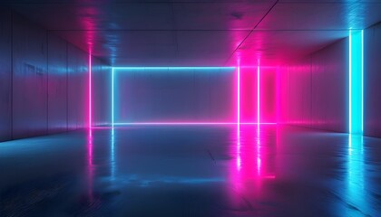 Sticker - Futuristic minimalist space illuminated by vibrant pink and blue neon lights reflecting on a sleek glossy floor