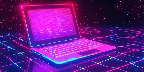 Poster - Futuristic illustration about technology with a laptop in neon colors. 