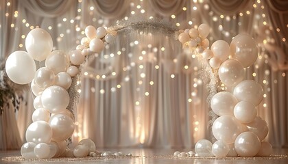 Wall Mural - arch of white balloons and golden shiny confetti.