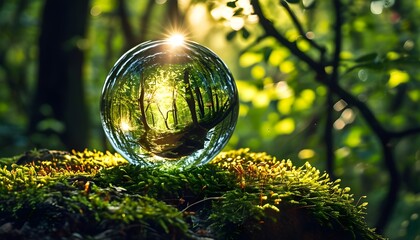 Wall Mural - Enchanting glass sphere on moss capturing the vibrant forest with sunlight streaming through lush foliage