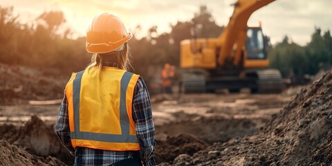 Poster - engineer working on construction site and heavy machine background, civil engineers control and inspection during labor working. land and soil development.