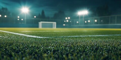 Sticker - Empty stadium at night with a soccer field spotlights and green grass playground. Blurred modern stadium background 