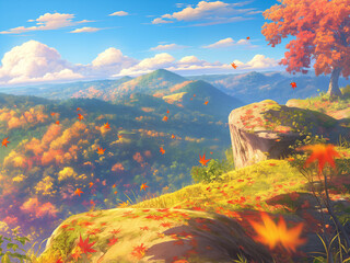 Cliff scenery. Styled like an anime or game background. Blue sky, sunset, sunrise, night, fog, snow, rain, cloudiness, autumn leaves, etc.