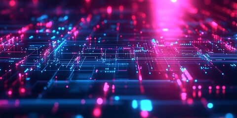 Poster - Dark grid abstract background with minimalist tech elements and futuristic hub connections, softly glowing in neon hues 