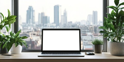 Poster - Creative workplace with mockup laptop screen on window with city view. workspace office room table with laptop. Blank screen desktop computer in minimal office room with window 