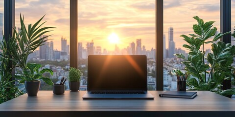 Poster - Creative workplace with mockup laptop screen on window with city view. workspace office room table with laptop. Blank screen desktop computer in minimal office room with window