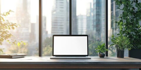 Poster - Creative workplace with mockup laptop screen on window with city view. workspace office room table with laptop. Blank screen desktop computer in minimal office room with window 