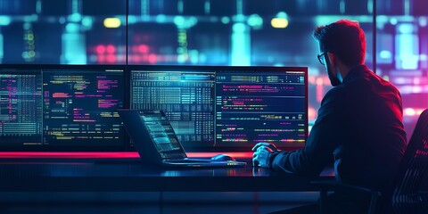 Poster - Computer engineer working on laptop computer with server room data center big data storage as backgrounds digital technology database IT support telecommunication internet network tech 