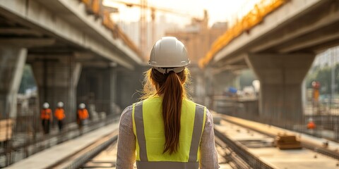 Poster - Civil engineer woman supervising bridge construction. Construction project. Engineer on bridge under construction. Crews working on the bridge. White hard hat and vest. 
