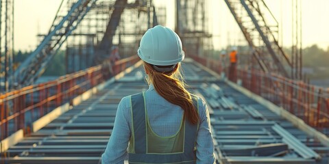 Poster - civil engineer woman supervising bridge construction. construction project. engineer on bridge under