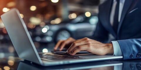 Poster - Businessman typing on laptop with car in background. car insurance. car sales, car service. 